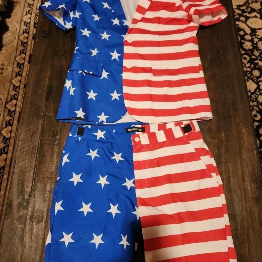 USA Suitmeister Stars/Stripes Jacket & Shorts Suit Size Small 34/36 Political